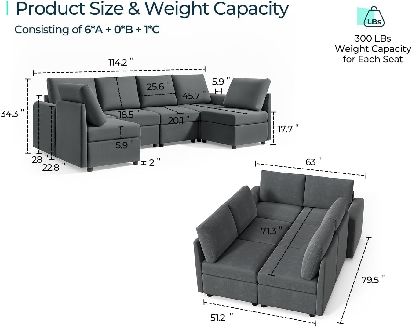 Modular Sofa, Sectional Couch U Shaped Sofa with Storage, Memory Foam, 6 Seat Sectionals Chaise for Living Room, Dark Grey