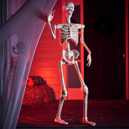 63" Halloween Animatronics Skeleton with Light-Up Eyes, Creepy Sound, Movable Head & Arms Life Size Animated Halloween Decorations Haunted House Props for Outdoor Indoor Yard Patio Lawn