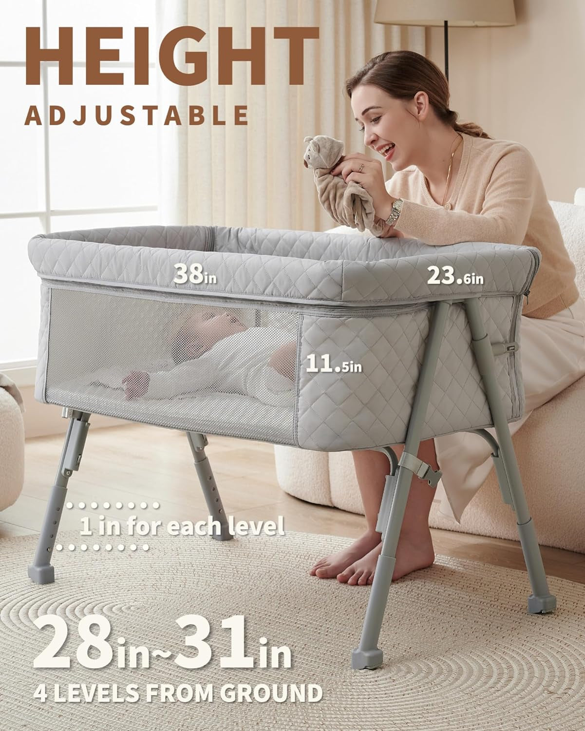 Bassinet Bedside Sleeper, Baby Bed Crib for Newborn, Bedside Crib Sleeper with 4 Auto-Lock & Adjustable Height, Breathable Mesh&Mattress - Design By Technique
