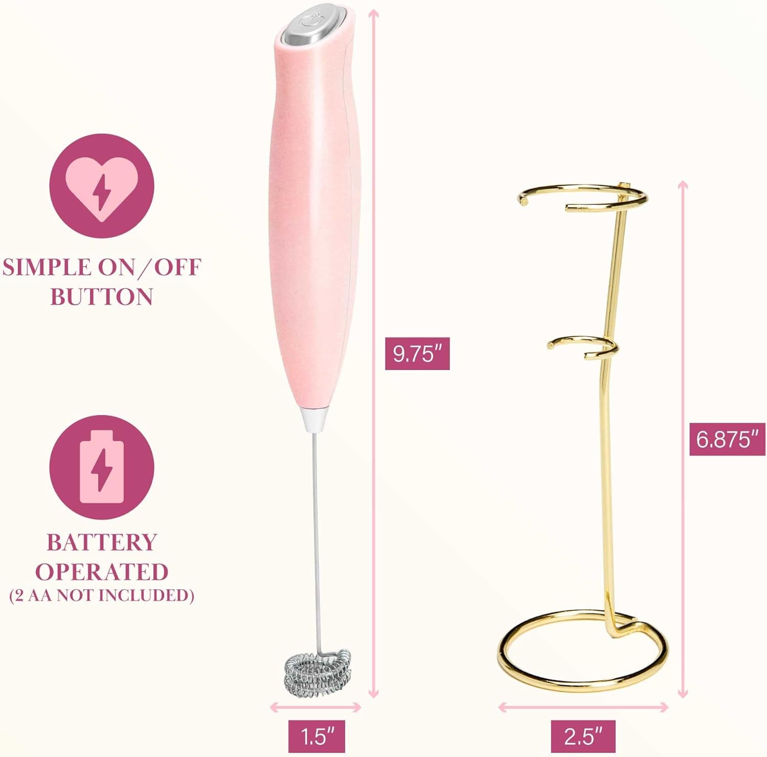 Electric Handheld Milk Frother with Double Coil Head Whisk and Gold Metal Stand, Battery Powered (2 AA Batteries Required but Not Included), Pink Sparkle Finish