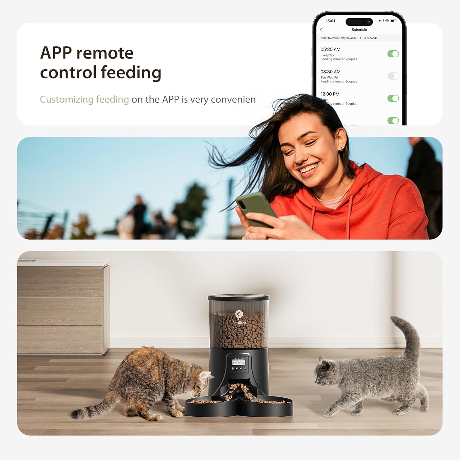 Cat Feeder Automatic for 2 Cats: Automatic Cat Feeder Wifi 2.4G- Time Dual Cat Feeder 1-10 Meals| Smart App Control Auto Pet Feeder for Cats and Small Dog Indoor- Dual Power& Detachable Clean