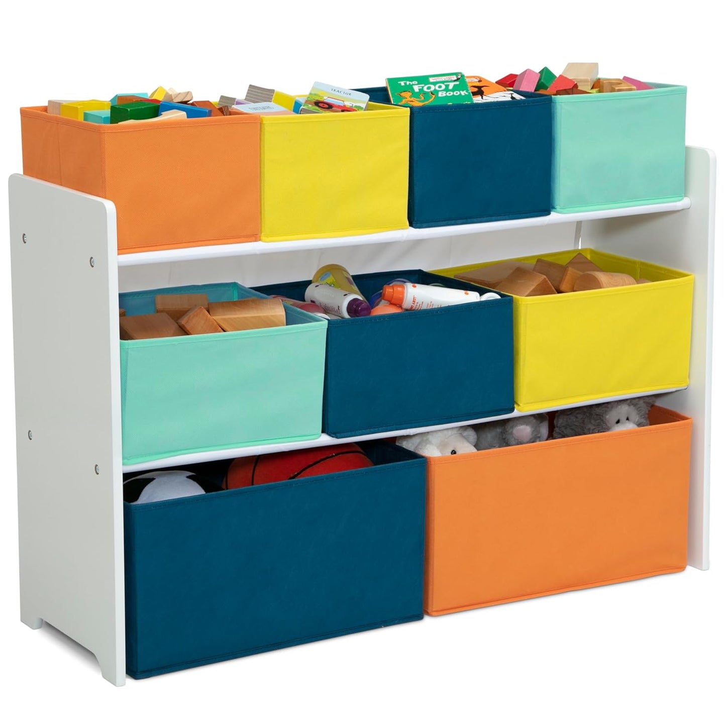 Deluxe Multi-Bin Toy Organizer with Storage Bins - Greenguard Gold Certified, White with Navy/Green/Pastel Bins