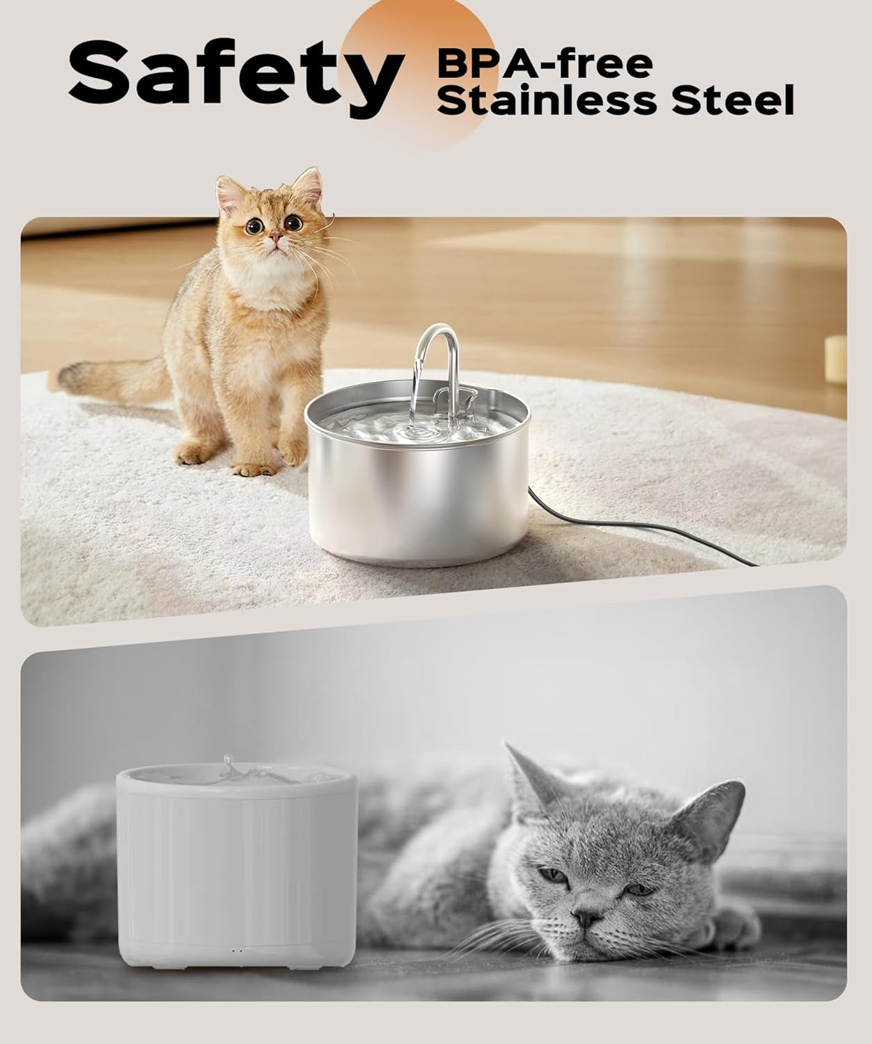 Stainless Steel Cat Water Fountain: Pet Fountains Indoor Metal Automatic Dispenser Cat Waterer Bowls Dog Faucet Bottle Pets 24/7 Running Watering for Drinking Quiet Pump with Filters