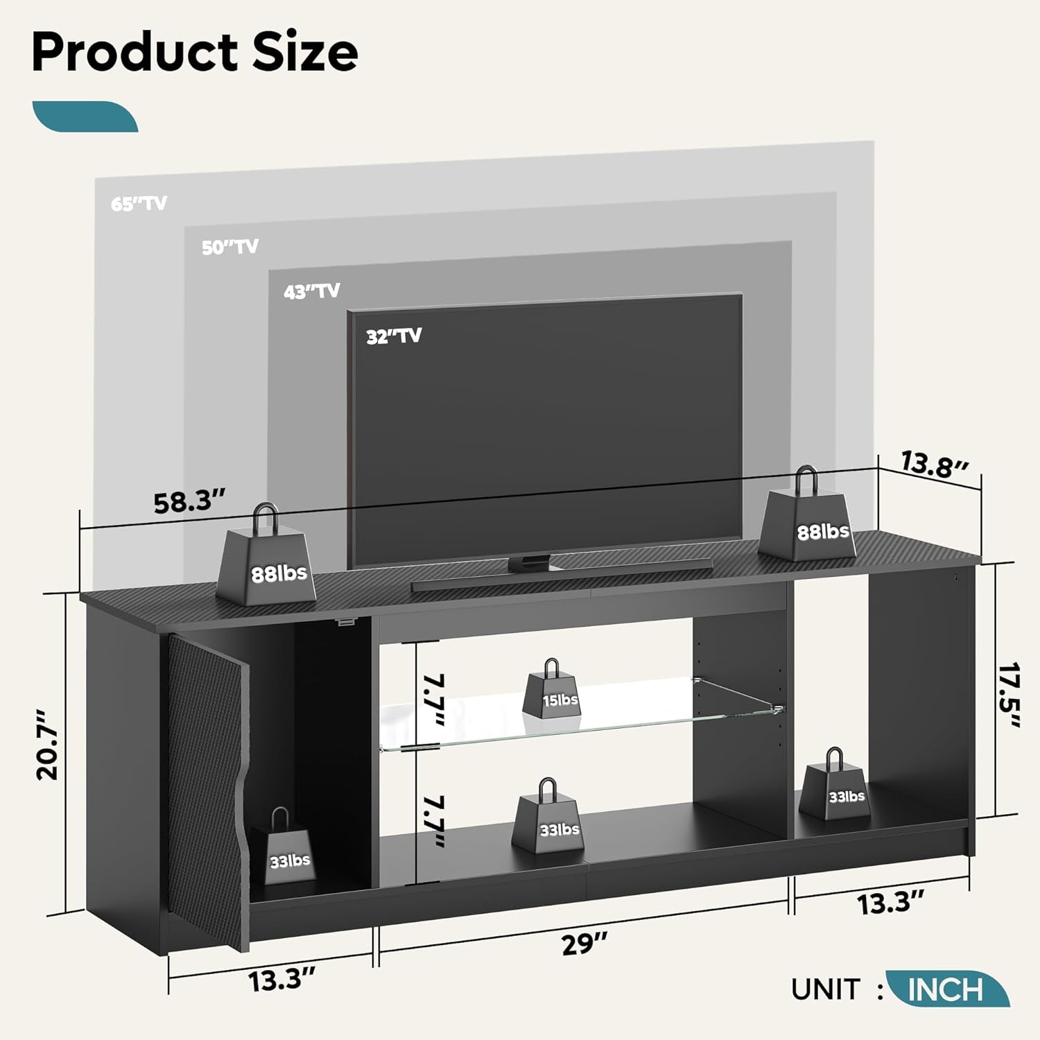 LED TV Stand for 55/60/65 Inch TV, Gaming Entertainment Center with Cabinet for PS5, Modern TV Cabinet with Adjustable Glass Shelves for Living Room, Bedroom 58 Inch,Black