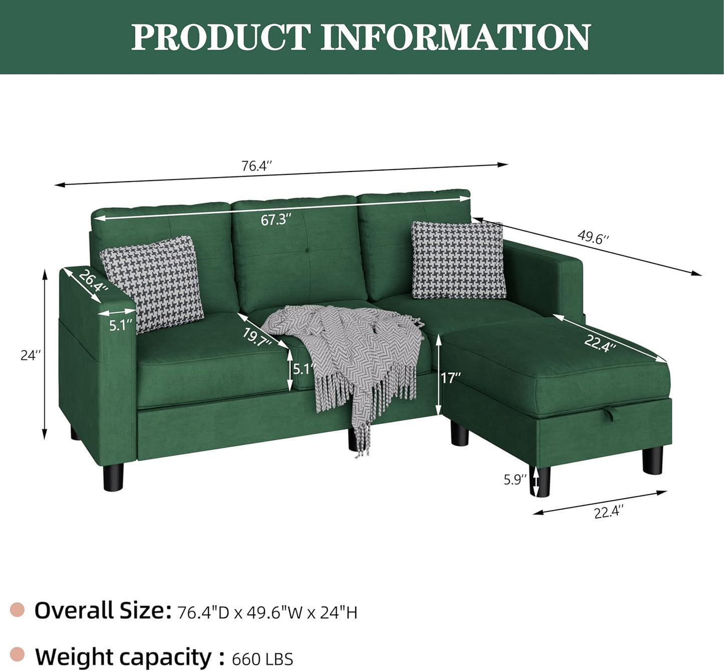 Convertible Sectional Sofas Couches for Living Room, L Shaped Couch with Storage Ottoman, Small Sectional 3 Seater Sofa for Small Spaces, Green