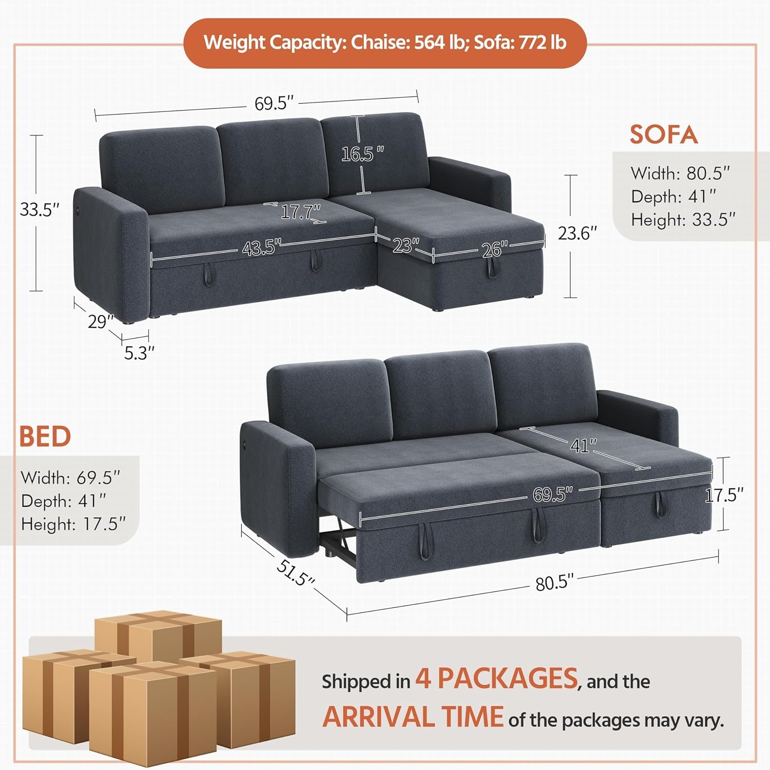 Sectional Sofa L-Shaped Sofa Couch Bed W/Chaise & USB, Reversible Couch Sleeper W/Pull Out Bed & Storage Space, 4-Seat Fabric Convertible Sofa, Pull Out Couch for Living Room Dark Gray