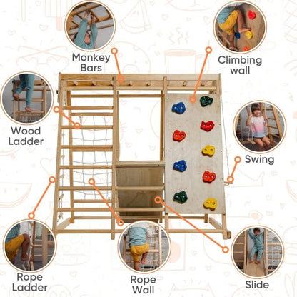 Magnolia Indoor Playground 6-In-1 Jungle Gym Montessori Waldorf Style Wooden Climber Playset Slide, Rock Climbing Wall, Rope Wall Climber, Monkey Bars, Swing for Toddlers, Children Kids 2-6Yrs