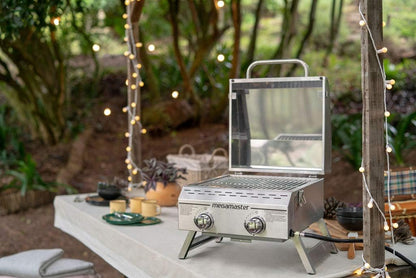 Premium Outdoor Cooking 2-Burner Grill, While Camping, Outdoor Kitchen, Patio Garden, Barbecue with Two Foldable Legs, Silver in Stainless Steel