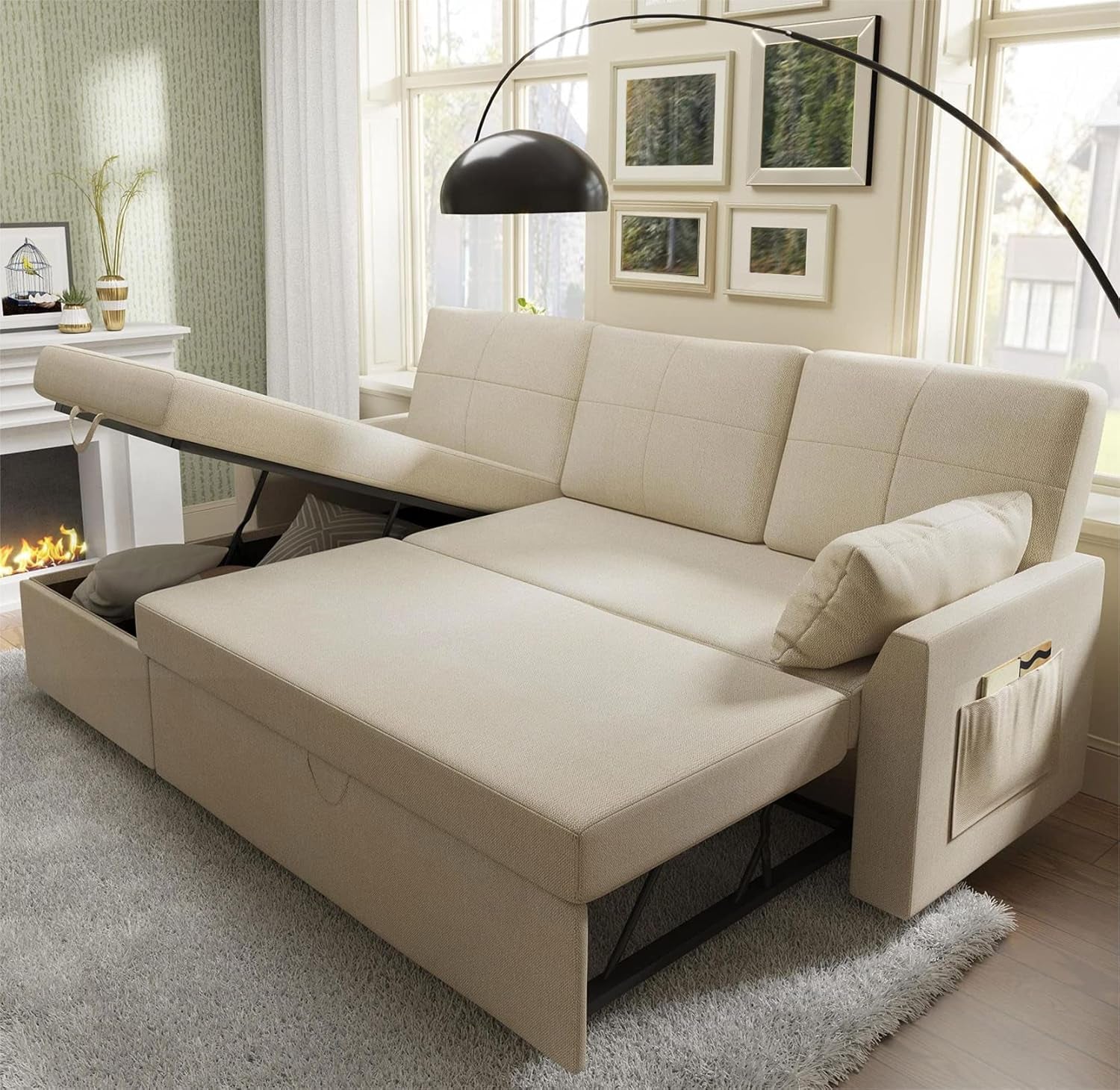 Sleeper Sofa, Sofa Bed- 2 in 1 Pull Out Couch Bed with Storage Chaise for Living Room, Beige Chenille Couch