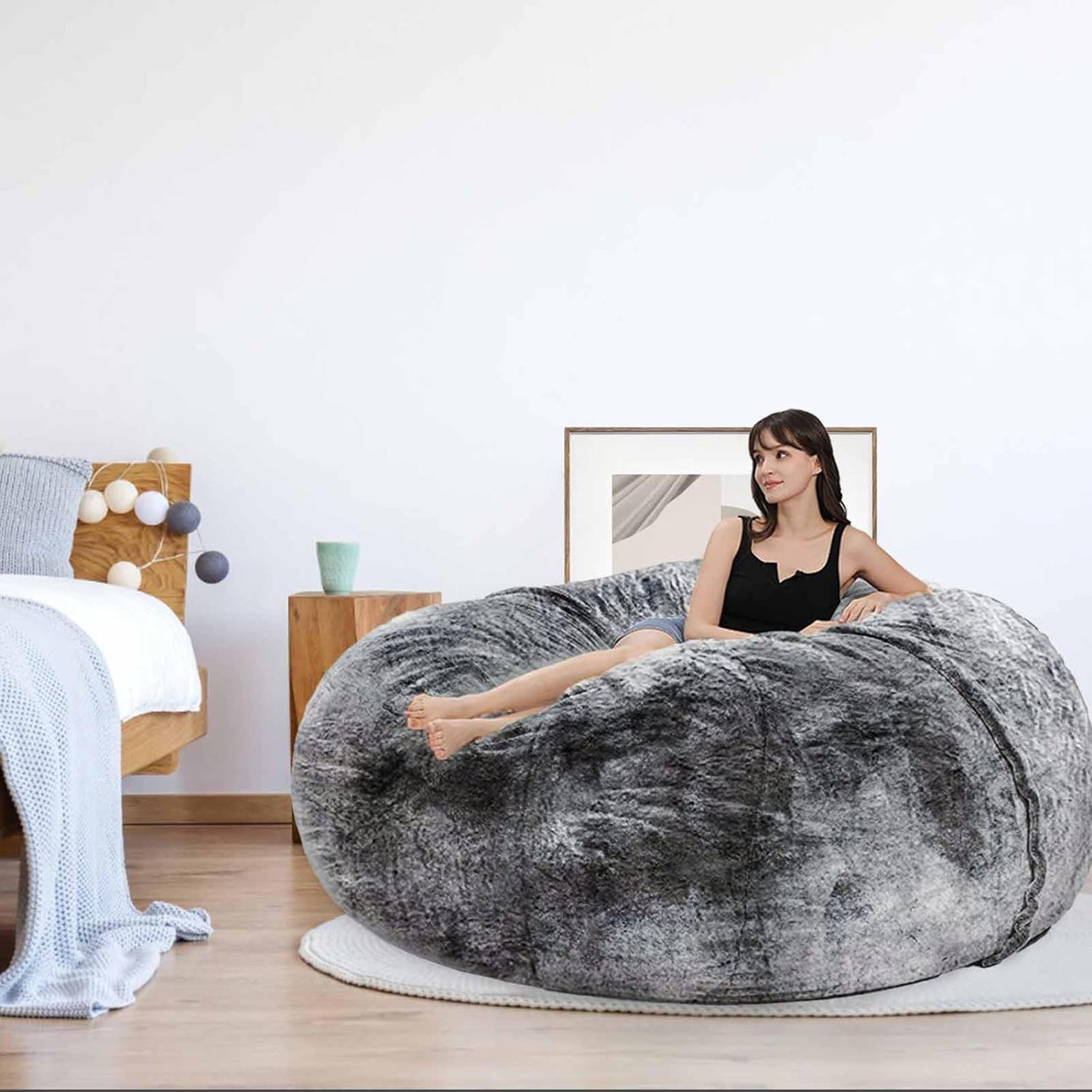 Bean Bag Chair for Adults Kids without Filling Comfy Fluffy Giant round Beanbag Lazy Sofa Cover for Reading Chair Floor Chair, 6FT, Black