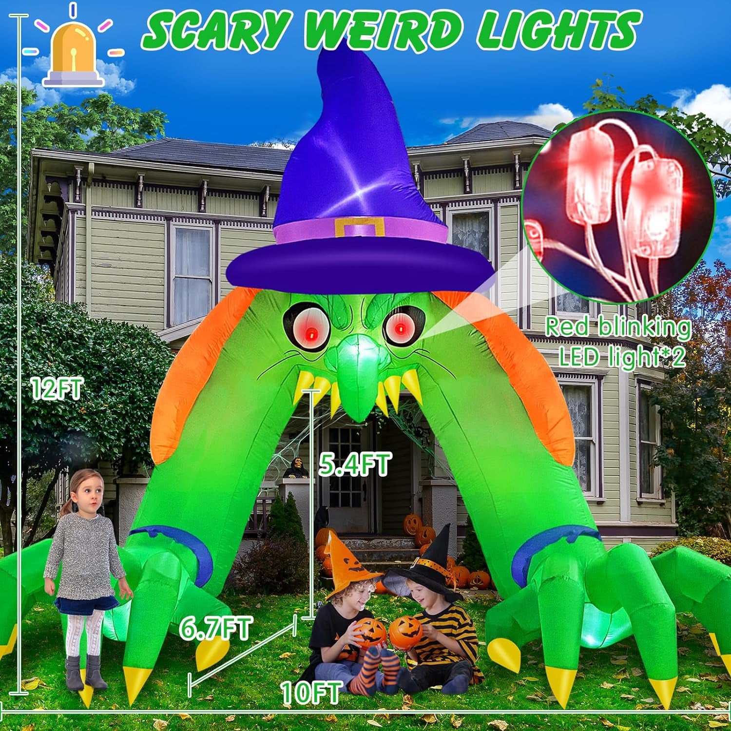 Halloween Inflatables 12FT Green Witch Archway Outdoor Decorations with Glowing Red Eyes, Build-In Leds & Tethers Stakes Halloween Blow Ups Arch for Yard, Indoor, Party, Garden, Lawn Decor