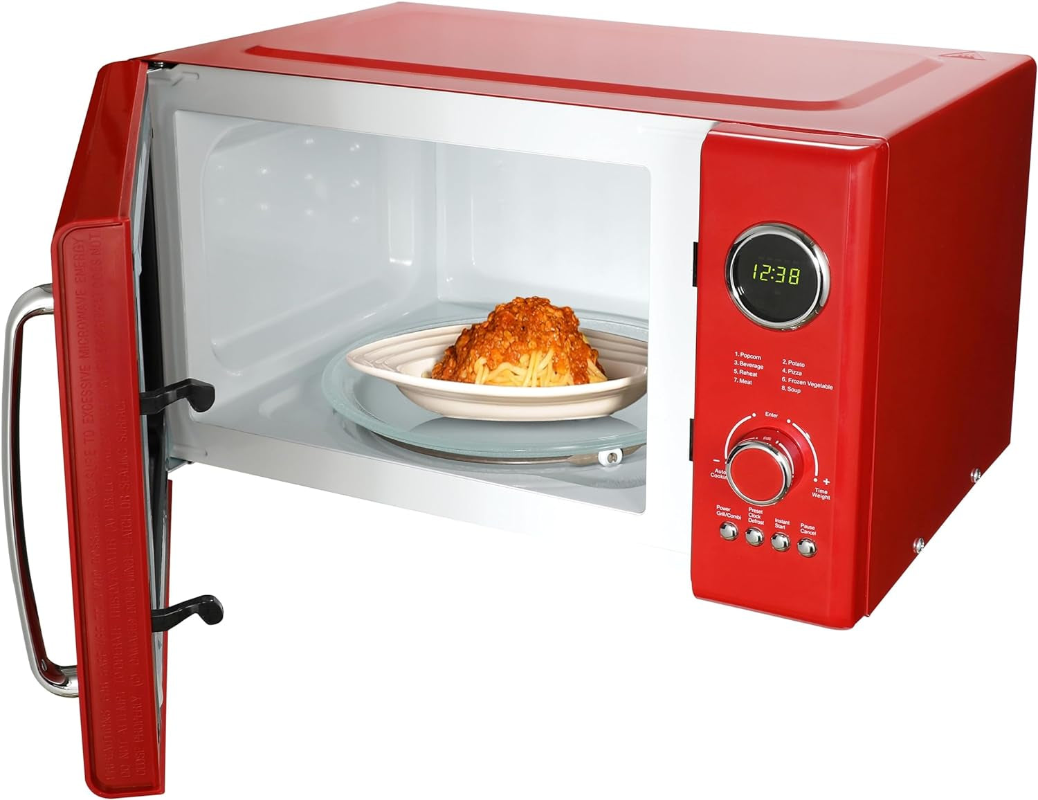 MWRG0901RD Retro Compact Countertop 800W Microwave Oven with 1,000W Grill Function, LED Display 5 Power Levels, 8 Auto Menus, Glass Turntable and Child Safe Lock, 0.9 Cu. Ft, Red