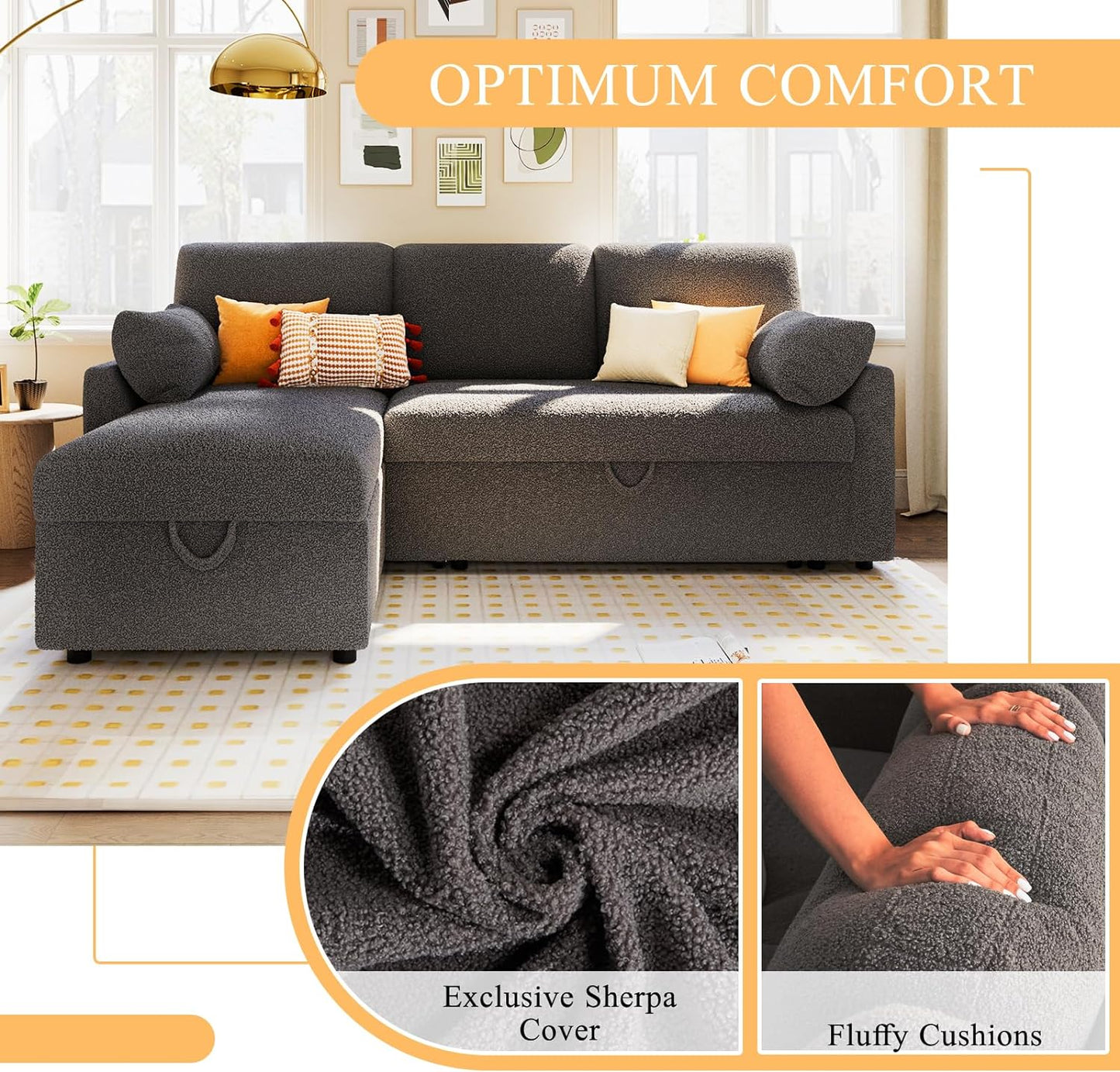 Sofa Bed, Sleeper Sofa with Storage Chaise- 2 in 1 Pull Out Couch Sofa for Home Office, Living Room, Comfy Sofa Sleeper, Grey Boucle Couch