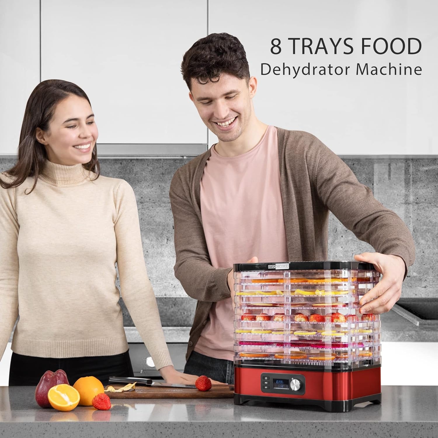 Food Dehydrator Machine, 8 Trays Meat Hydrator with 48H Digital Timer and Temperature Adjustable 95-176℉ for Fruit Vegetable Beef Jerky Maker, BPA Free, Silicone Trivet Tong Included, Red