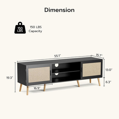 TV Stand for Tvs up to 65'', Entertainment Center with Rattan Door, Shelves & 2 Cabinets, Boho Media TV Console for Living Room, Bedroom, Black