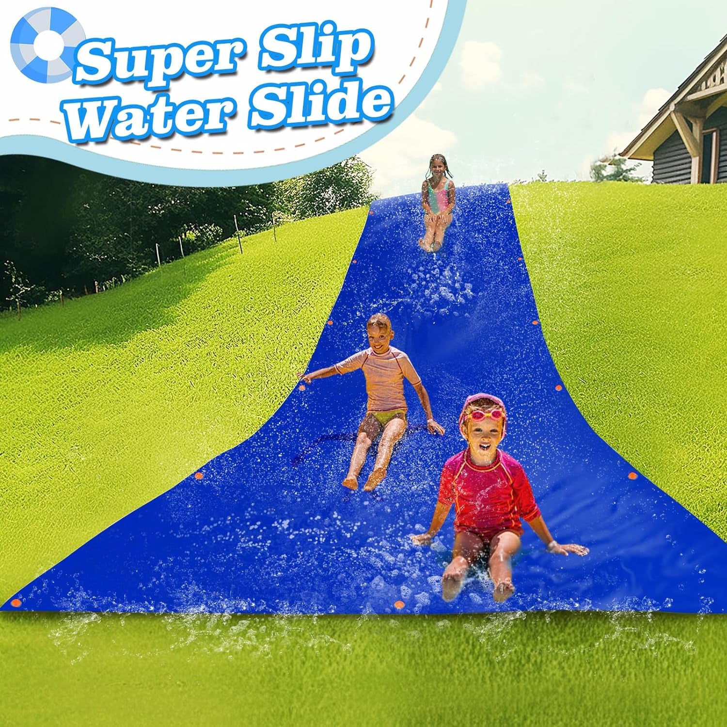 Super Slip Lawn Water Slide - 30 X 8Ft Heavy Duty Slip and Slide Trap Slick Waterslide for Adults & Kids, Easy to Set up with 16 Ground Nails, Funny Water Games for Outdoor Backyard Lawn, Blue - Design By Technique