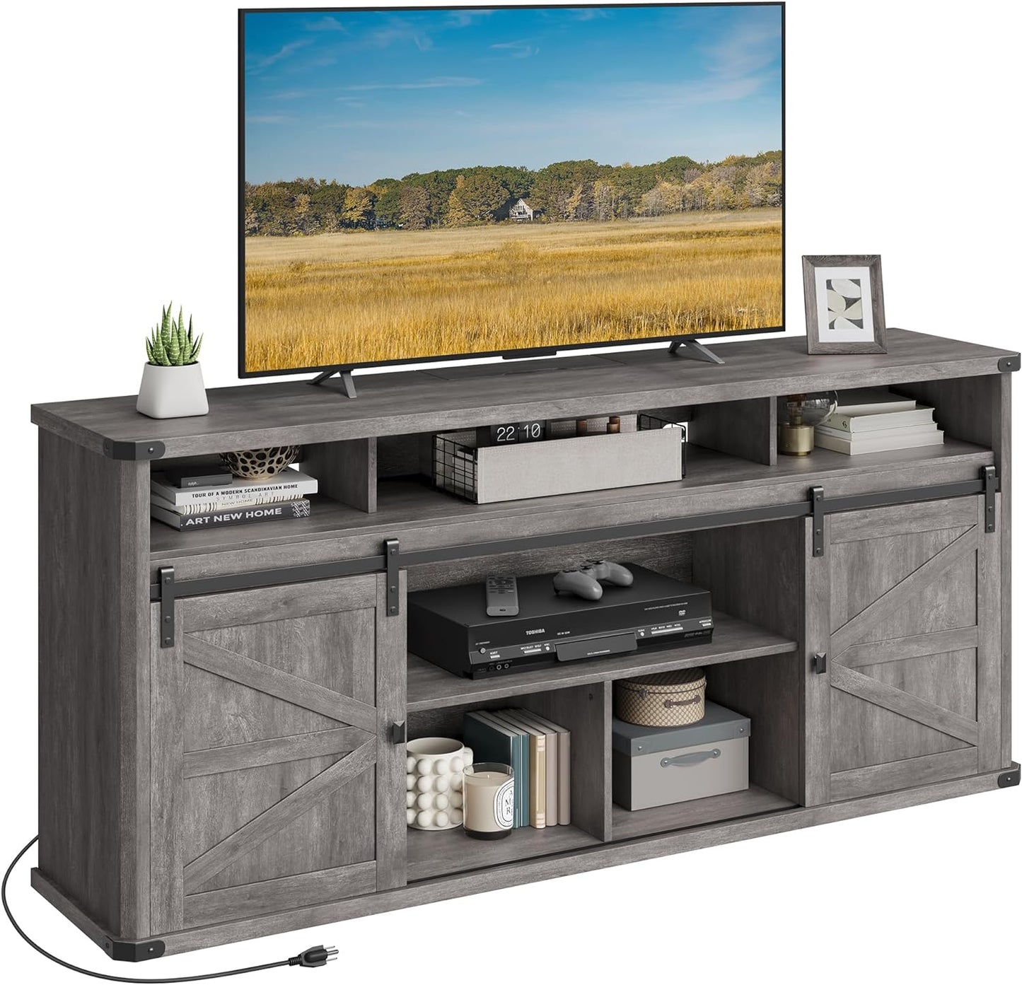 TV Stand for Tvs up to 75 Inches, Farmhouse Entertainment Center with Sliding Barn Doors, TV Console Table for Living Room, Misty Gray ULTV323G68