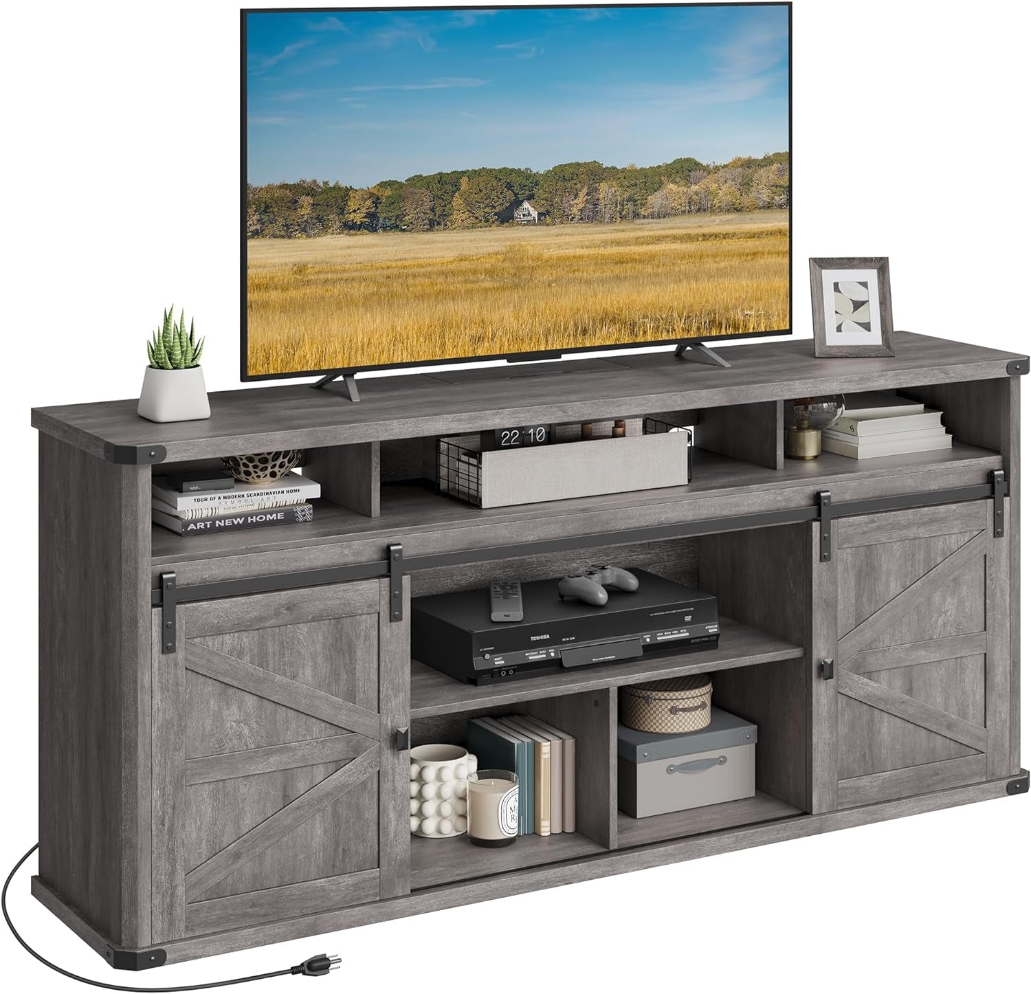 TV Stand for Tvs up to 75 Inches, Farmhouse Entertainment Center with Sliding Barn Doors, TV Console Table for Living Room, Misty Gray ULTV323G68