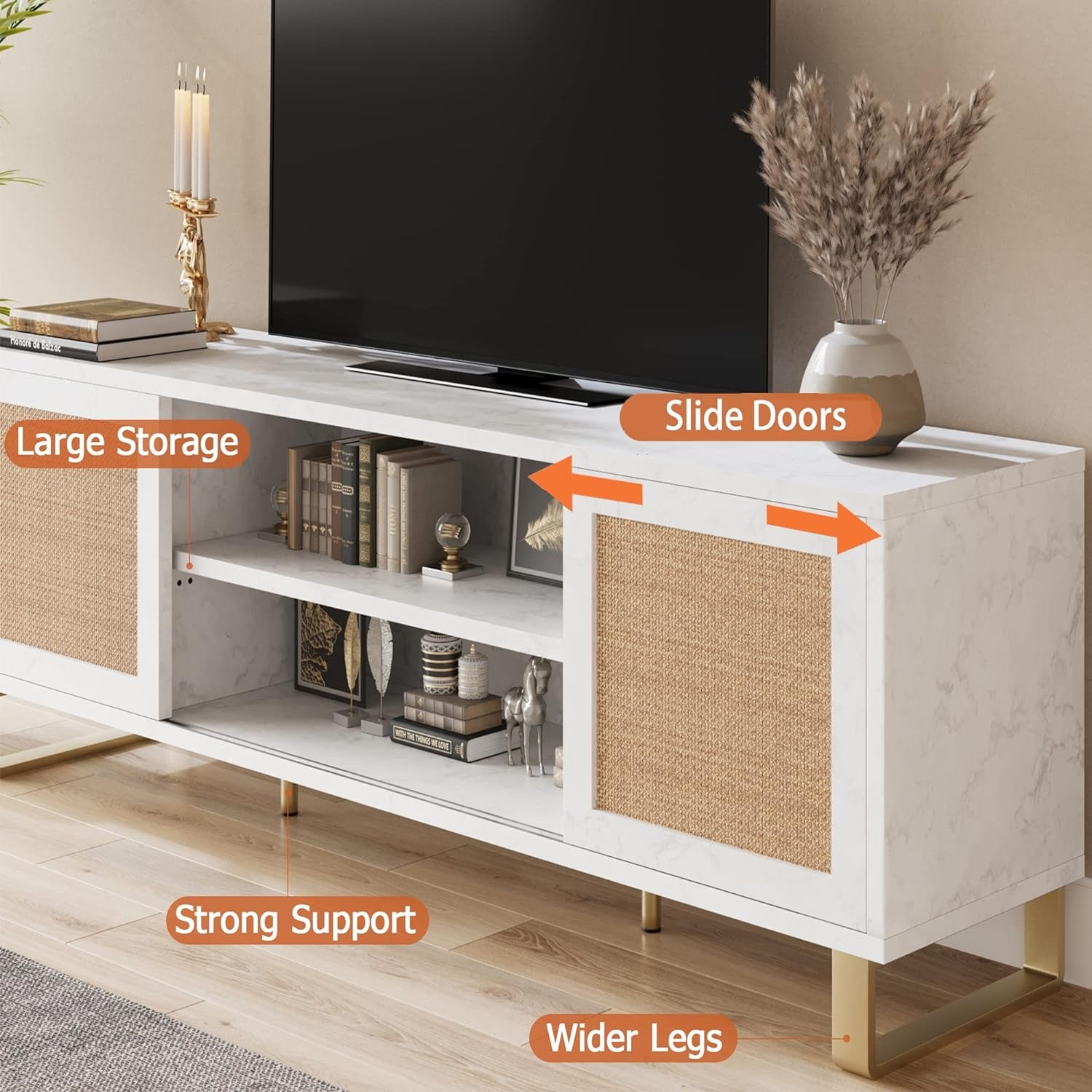 TV Stand Rattan Entertainment Center for 65 Inch TV Modern TV Console Table White Low TV Stand with Storage, Doors and Shelves, TV Console Media Cabinet Furniture for Living Bedroom