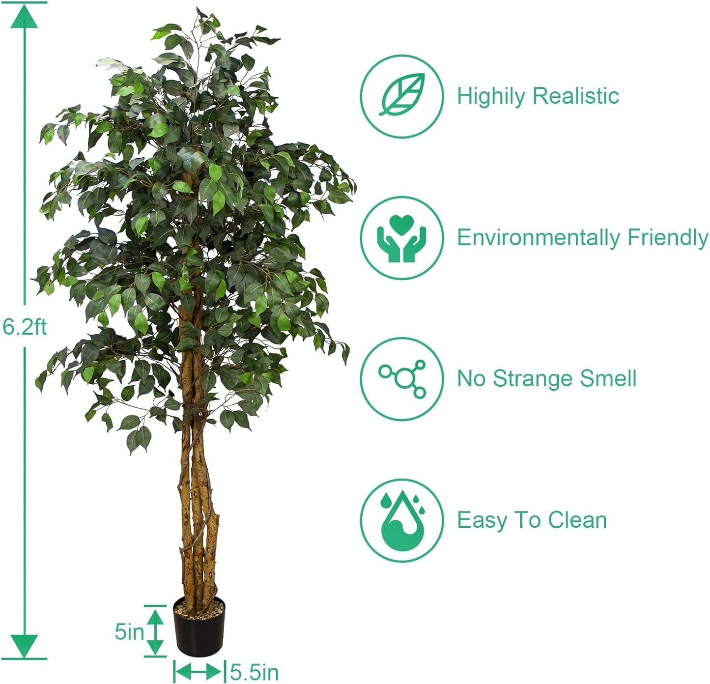 6.2FT Artificial Ficus Silk Tree (75In) with Plastic Nursery Pot, Fake Plant for Living Room Balcony Corner Decor,Indoor-Outdoor Use, 75 Inch