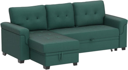 Lucca Green Linen Reversible Sleeper Sectional Sofa with Storage Chaise