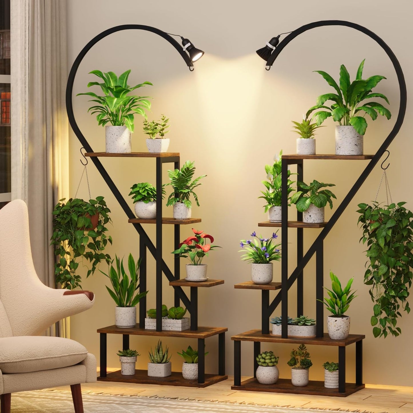 Plant Stand Indoor with Grow Lights - 5 Tier Tall Plant Stand, Metal Plant Shelf Display Rack, Heart Plant Stand for Indoor Plants Multiple, Large Plant Stand for Home, Living Room, Patio (Black)