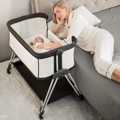 Baby Bassinet Bedside Sleeper with Wheels and Storage Tray,4-Sided Mesh Bedside Bassinet Co Sleeper for Infant/Newborn,7 Height Adjustable Easy Folding Bedside Crib - Design By Technique