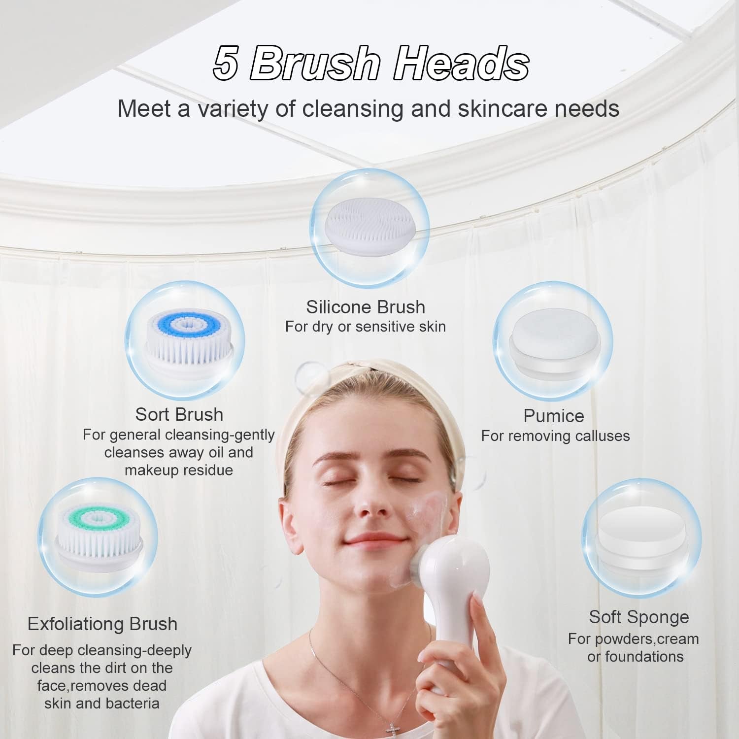 Facial Cleansing Brush, IPX7 Waterproof Face Scrubber with 3 Speed Modes, Face Brushes for Cleansing and Exfoliating with 5 Brush Heads, 1000Mah USB Rechargeable (Fresh Green)