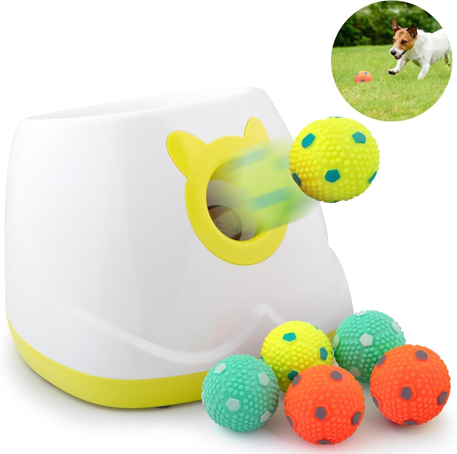 Automatic Dog Ball Launcher - Dog Ball Fetch Machine, Ball Thrower for Dogs, for Small to Medium Sized Dogs, Interactive Dog Toy with 6 Latex Balls, Plug-In & Battery Options - 4 Launch Distances