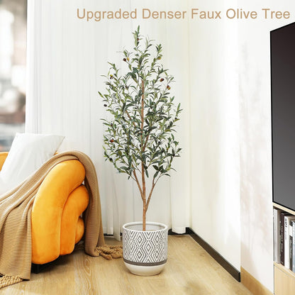 Artificial Olive Tree 5Ft, Lush Faux Olive Tree for Indoor with Natural Wood Trunk and Lifelike Fruits, Silk Tall Fake Olive Tree for Home Decor Office Living Room, 1Pcs