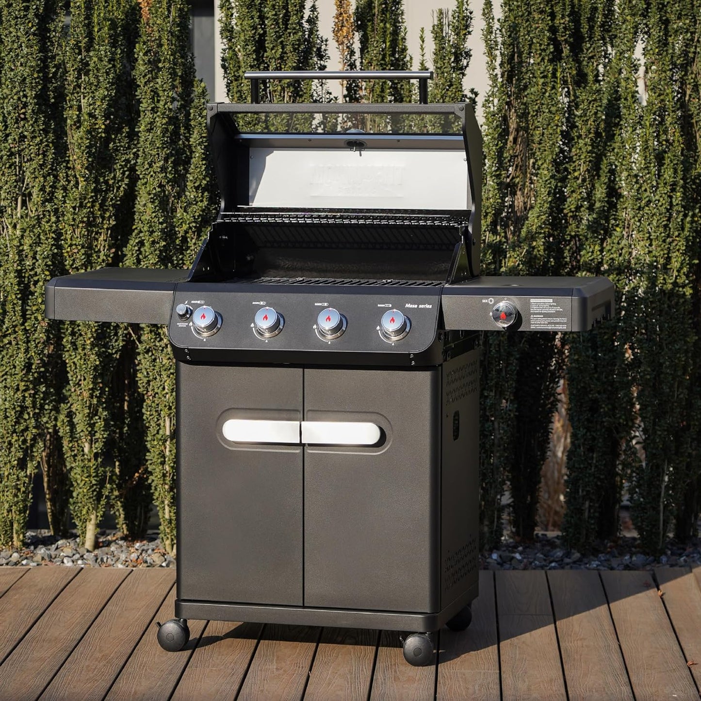 Outdoor Barbecue Stainless Steel 4 Burner Propane Gas Grill, 52,000 BTU Patio Garden Barbecue Grill with Side Burner and LED Controls, Mesa425, Black