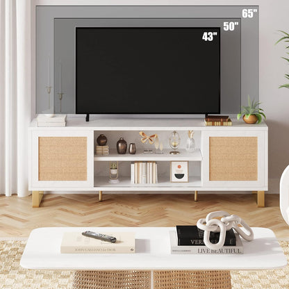 TV Stand Rattan Entertainment Center for 65 Inch TV Modern TV Console Table White Low TV Stand with Storage, Doors and Shelves, TV Console Media Cabinet Furniture for Living Bedroom