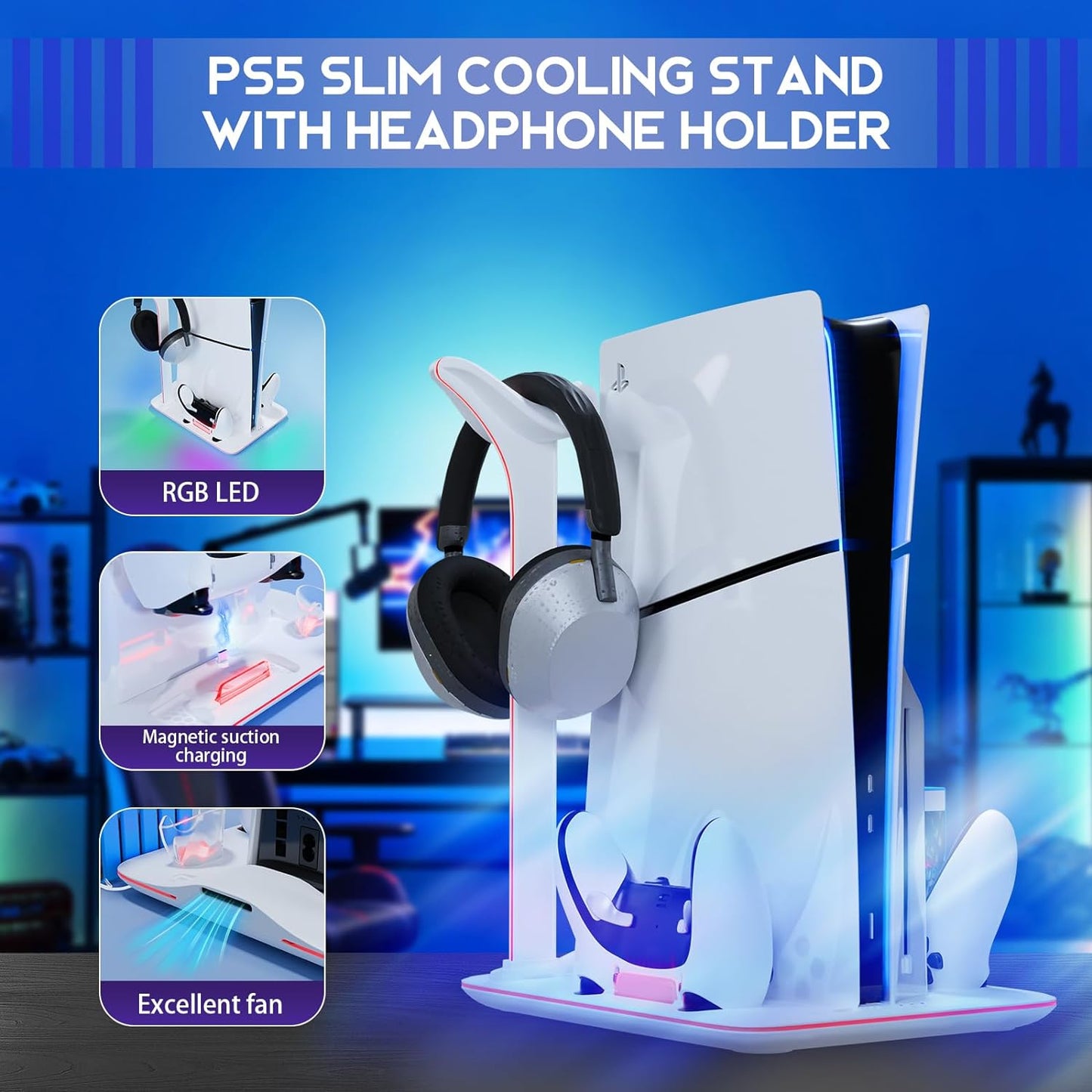 Cooling Stand for PS5 Slim Console, Dual Controller Charger, PS5 Slim Accessory with 7 RGB Lights, 3-Stage Cooling Fan, Headphone Stand (Only for Playstation 5 Slim Digital/Disc Edition)
