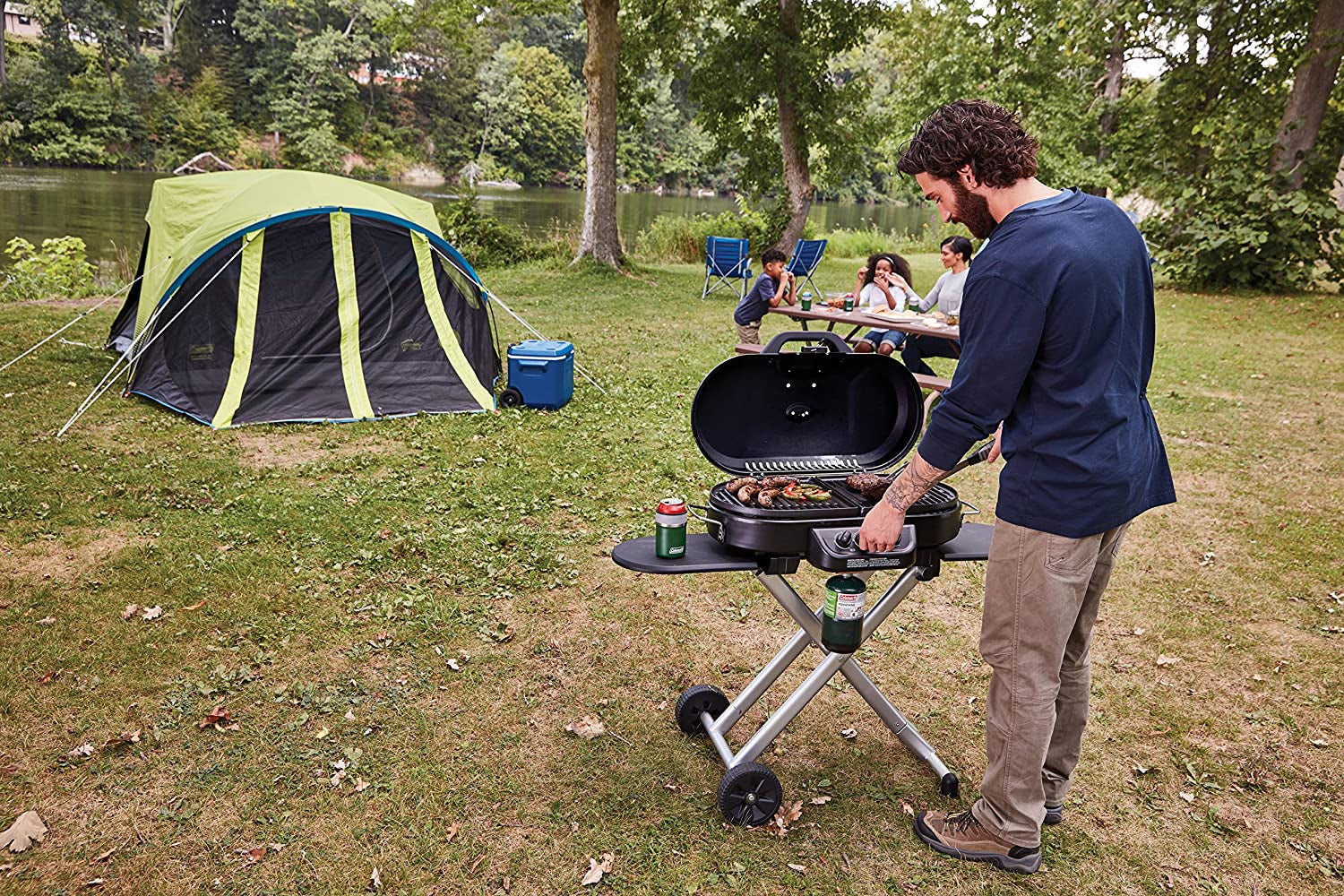 Roadtrip 285 Portable Stand-Up Propane Grill, Gas Grill with 3 Adjustable Burners & Instastart Push-Button Ignition; Great for Camping, Tailgating, BBQ, Parties, Backyard, Patio & More