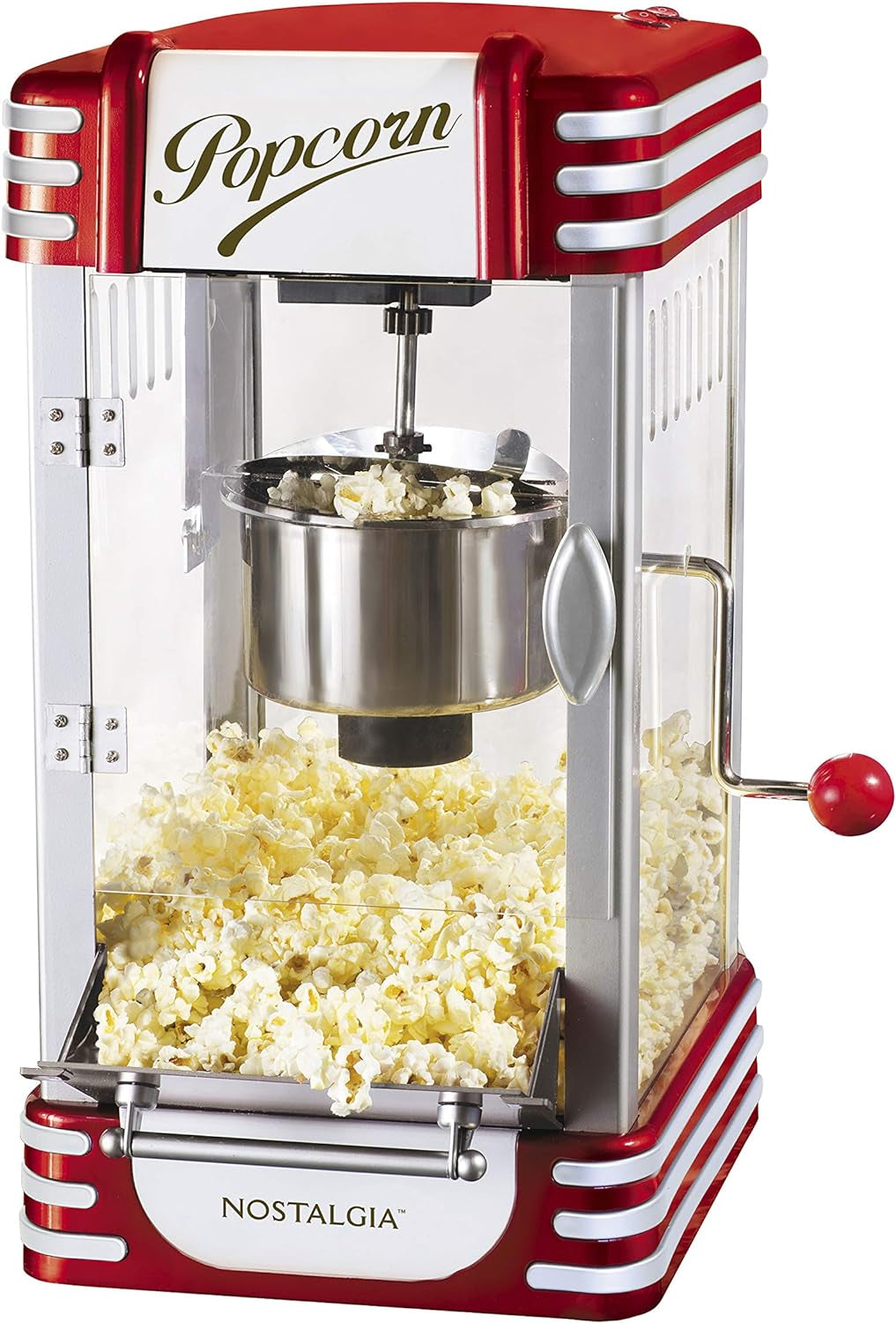 Popcorn Maker, 2.5 Oz Kettle Makes 10 Cups, Retro Classic Popcorn Machine with Interior Light, Measuring Spoons and Scoop, White and Red