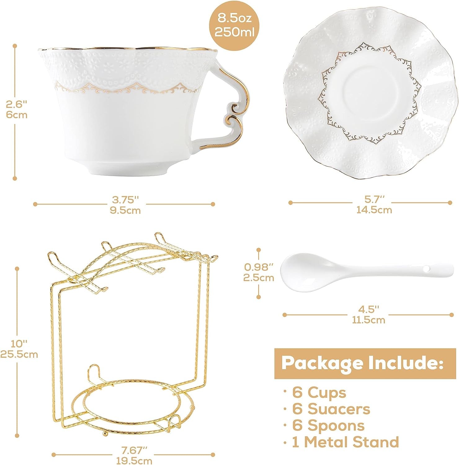 Tea Cups and Saucers with Golden Trim,Set of 6 (8.5 OZ), Luxury Relief Printing Coffee Cups with Metal Stand, British Royal Porcelain Tea Party Set - White