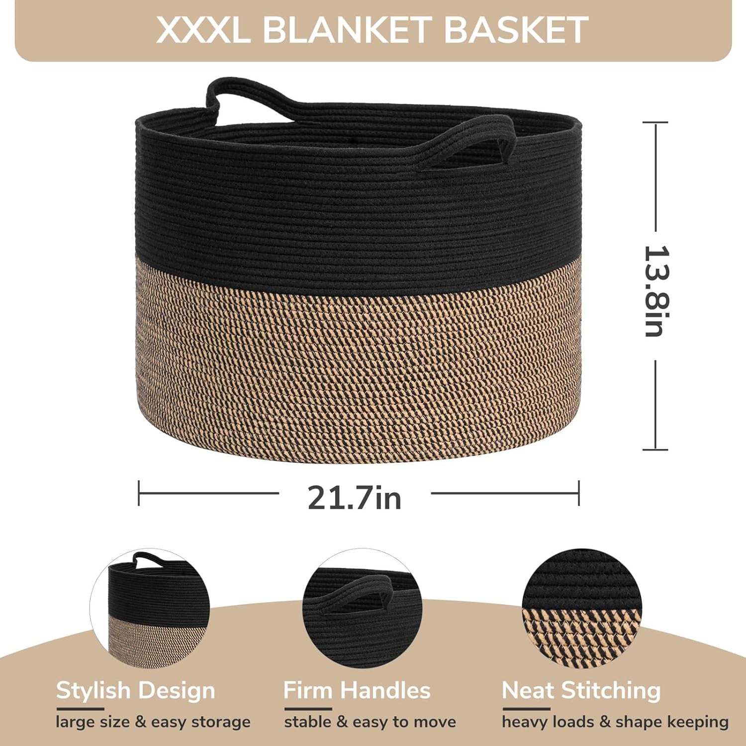 Large Storage Baskets for Organizing, 21.7 X 13.8 Blanket Basket Living Room Dog Toy Bin, Woven Laundry Basket for Dirty Clothes, Pillows, Towel, 90L Mix Black