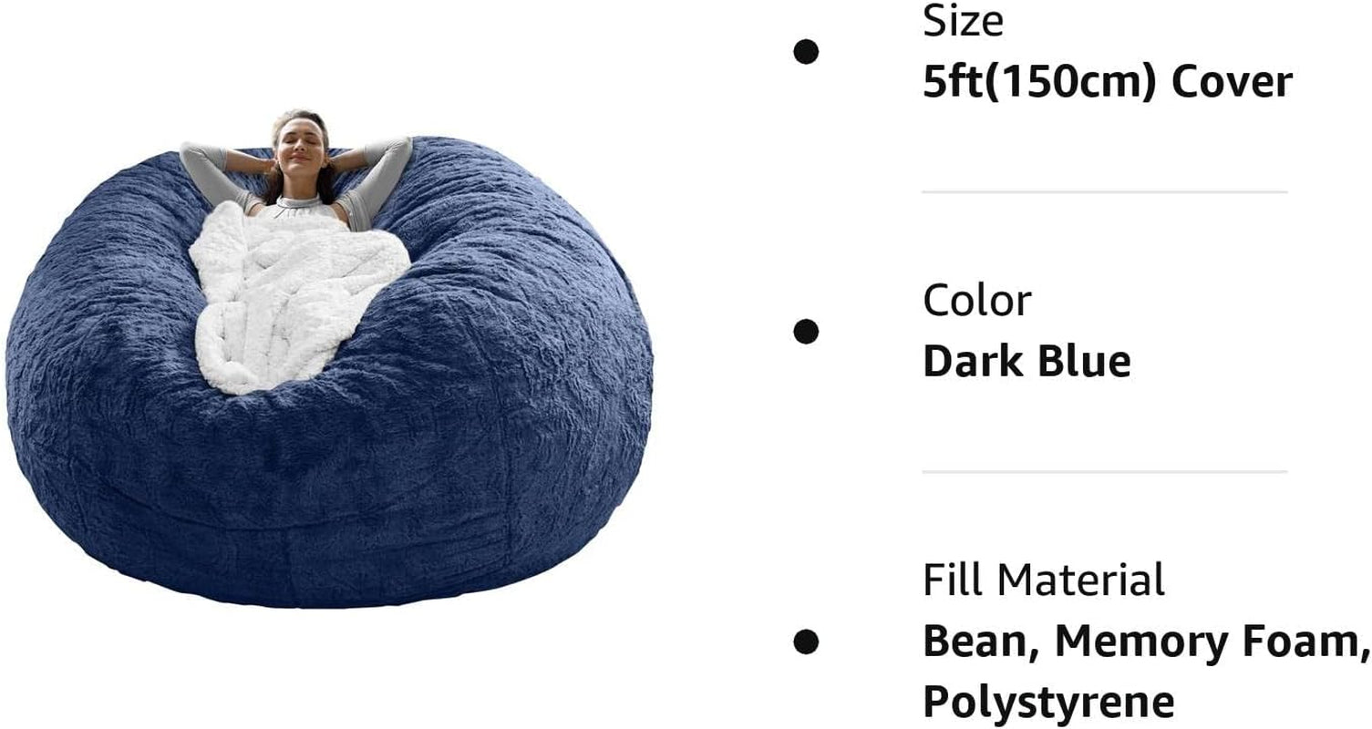 Bean Bag Chair Cover(It Was Only a Cover, Not a Full Bean Bag) Chair Cushion, Big round Soft Fluffy PV Velvet Sofa Bed Cover, Living Room Furniture, Lazy Sofa Bed Cover,5Ft Dark Blue