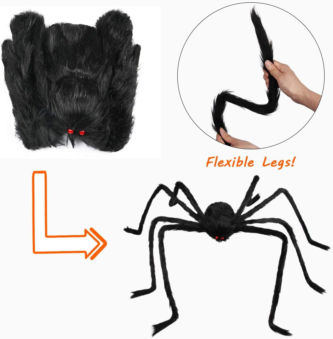 Halloween Giant Spider 6.6 Ft,  Outdoor Halloween Decorations Large Fake Hairy Spider Scary Furry Spider Props outside Yard Creepy Decor, Black