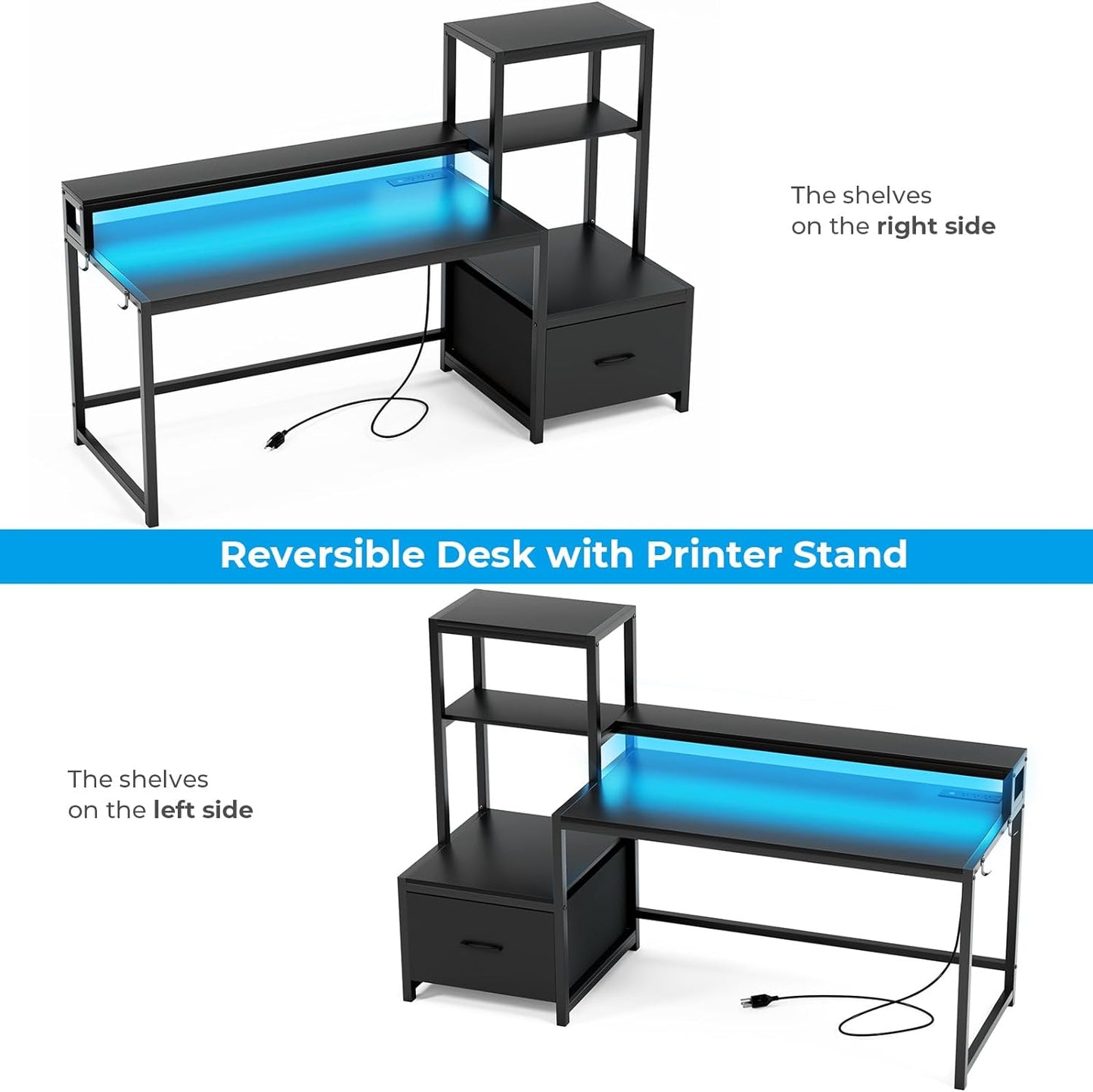 Computer Desk with Drawer and Printer Shelf, 59 Inch Gaming Desk with LED Lights and Power Outlets, Home Office Desk with Storage for Study Writing Working,Black