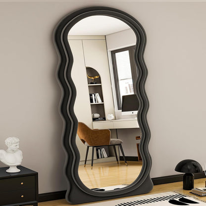 71" X 30" Irregular Full Length Mirror with Flannel Wrapped Wooden Frame - Extra Large Full Mirror for Hanging or Leaning against Wall in Cloakroom, Bedroom, Living Room, Black - Design By Technique