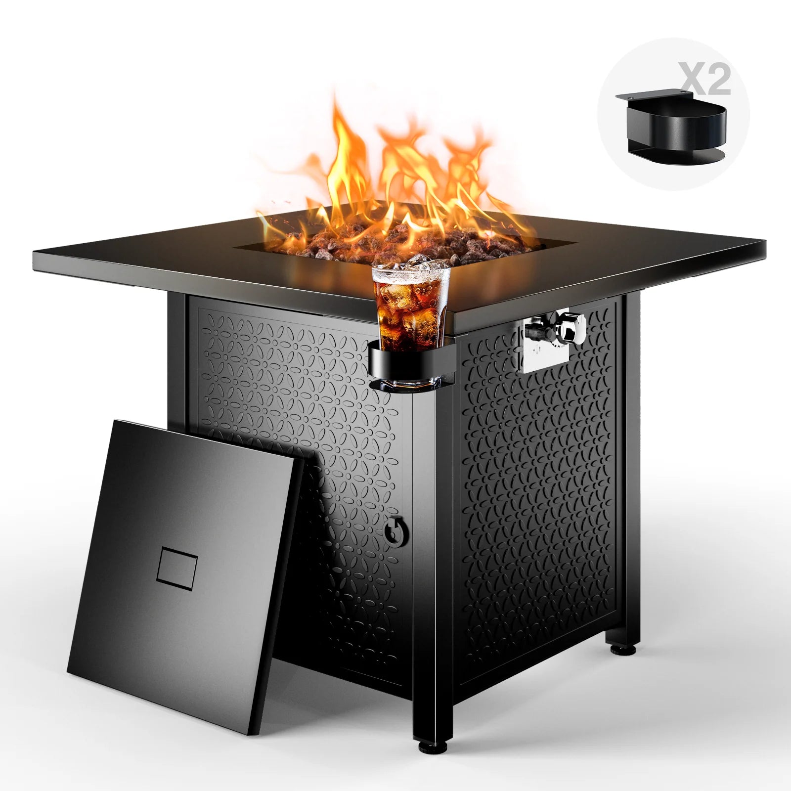 28 Inch Propane Fire Pits with Lid and Lava Rock, 50000 BTU Steel Gas Fire Pit Table for Outdoor - Design By Technique