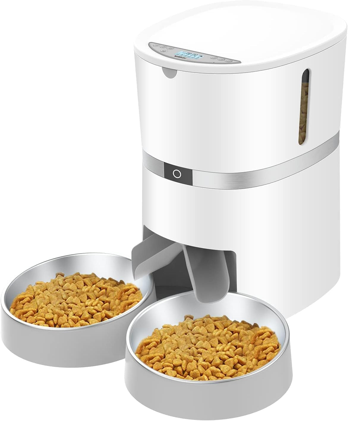 Automatic Cat Feeder,  Pet Feeder Food Dispenser for Cat & Small Dog with Two-Way Splitter and Double Bowls, up to 6 Meals with Portion Control, Voice Recorder - Battery and Plug-In Power