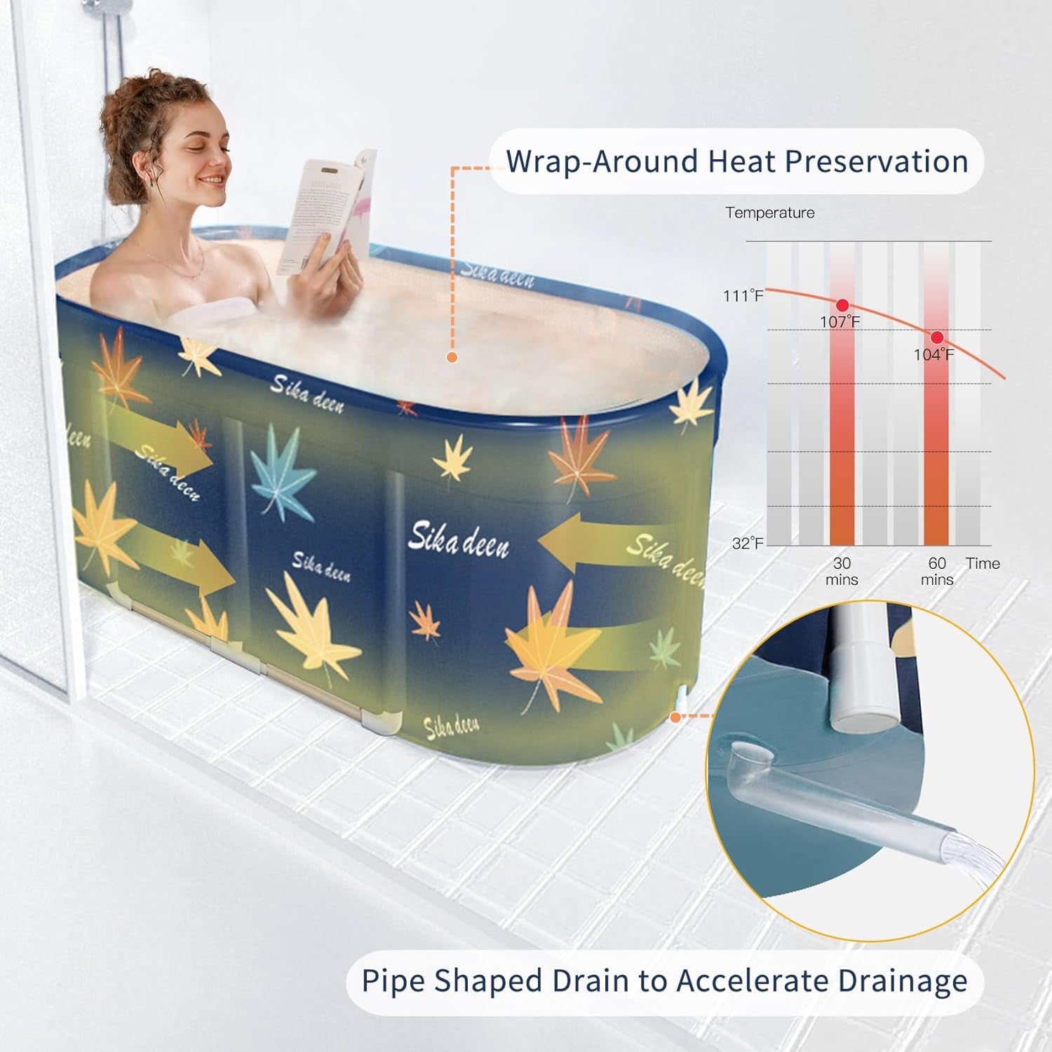 Portable Bathtub,Foldable Freestanding Bathtub,Japanese Soaking Tub,Shower Stall Bathtub,Bathroom Folding SPA Tub for Adults,Boys and Girls,Outdoor/Indoor Hot Ice Bath,47 Inch,Blue,Pvc+Al Alloy