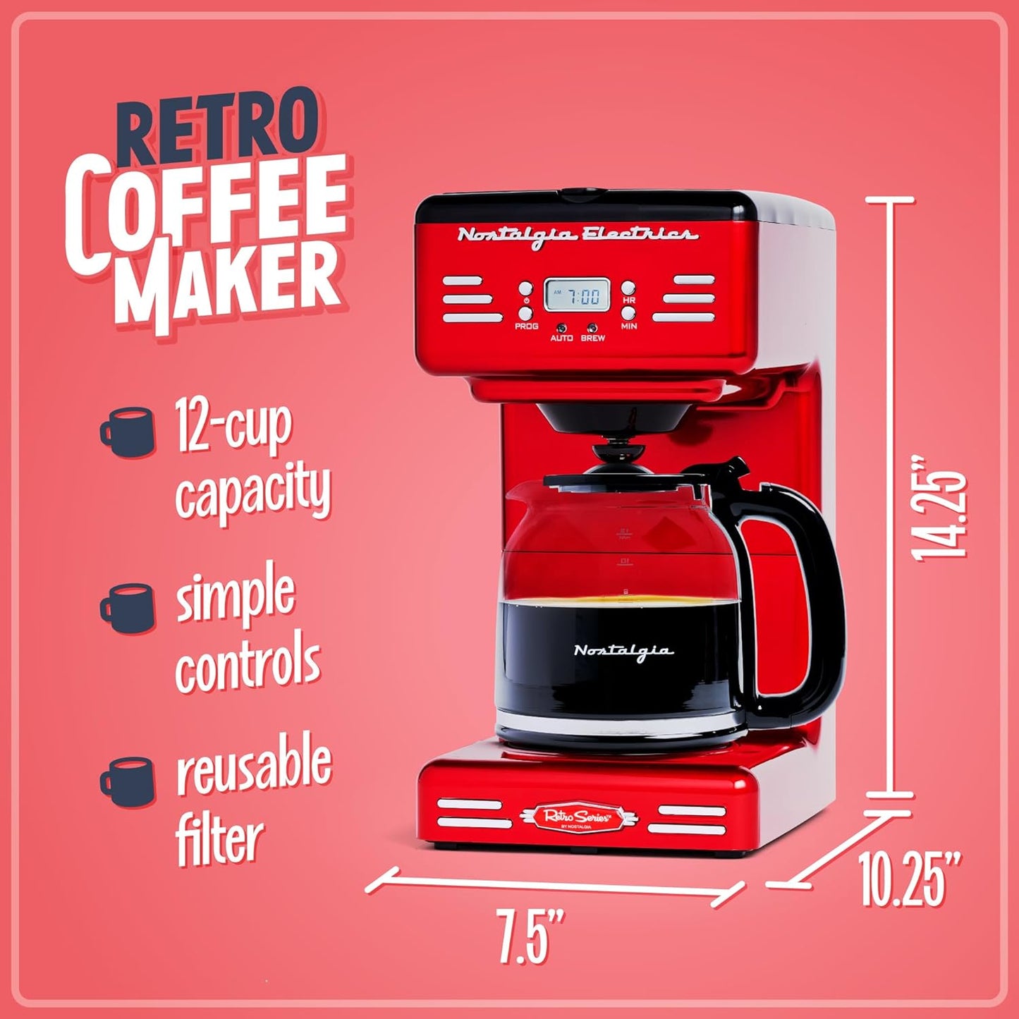 Retro 12-Cup Programmable Coffee Maker with LED Display, Automatic Shut-Off & Keep Warm, Pause-And-Serve Function, Red