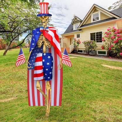 6 Pcs 12 Ft Skeleton 4Th of July Clothes Accessories Inflatable Uncle Hat Bow Tie American Flag Costume Cape and Shorts 2 American Flags on Stick for Patriotic Independence Outdoor Decoration