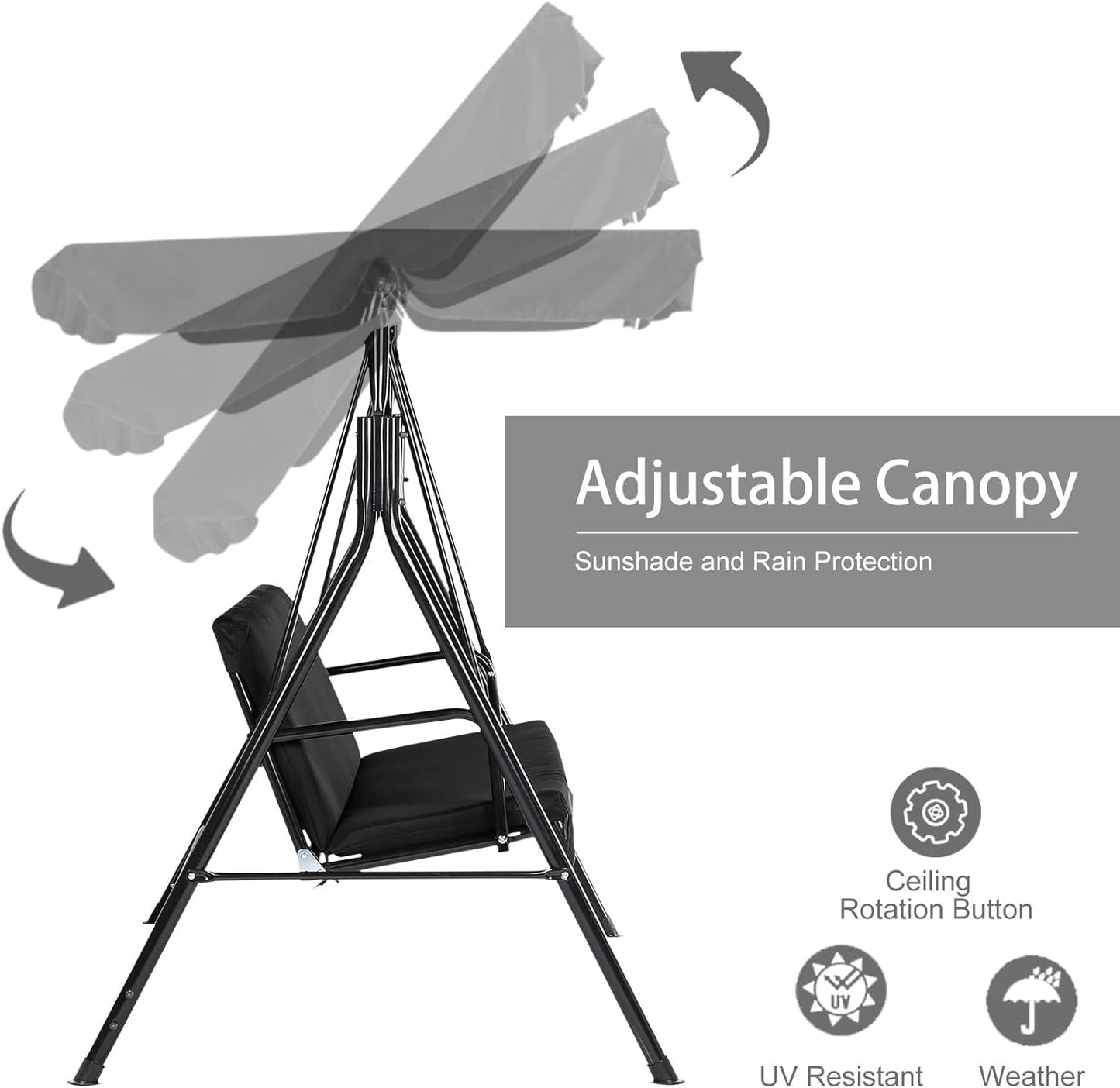 Outdoor Patio Swing Chair for Adults, 3-Seat Porch Swings with Adjustable Canopy, outside Swing Bench with Removable Cushion, Suitable for Backyard, Garden, Yard, Poolside, Balcony (Black)