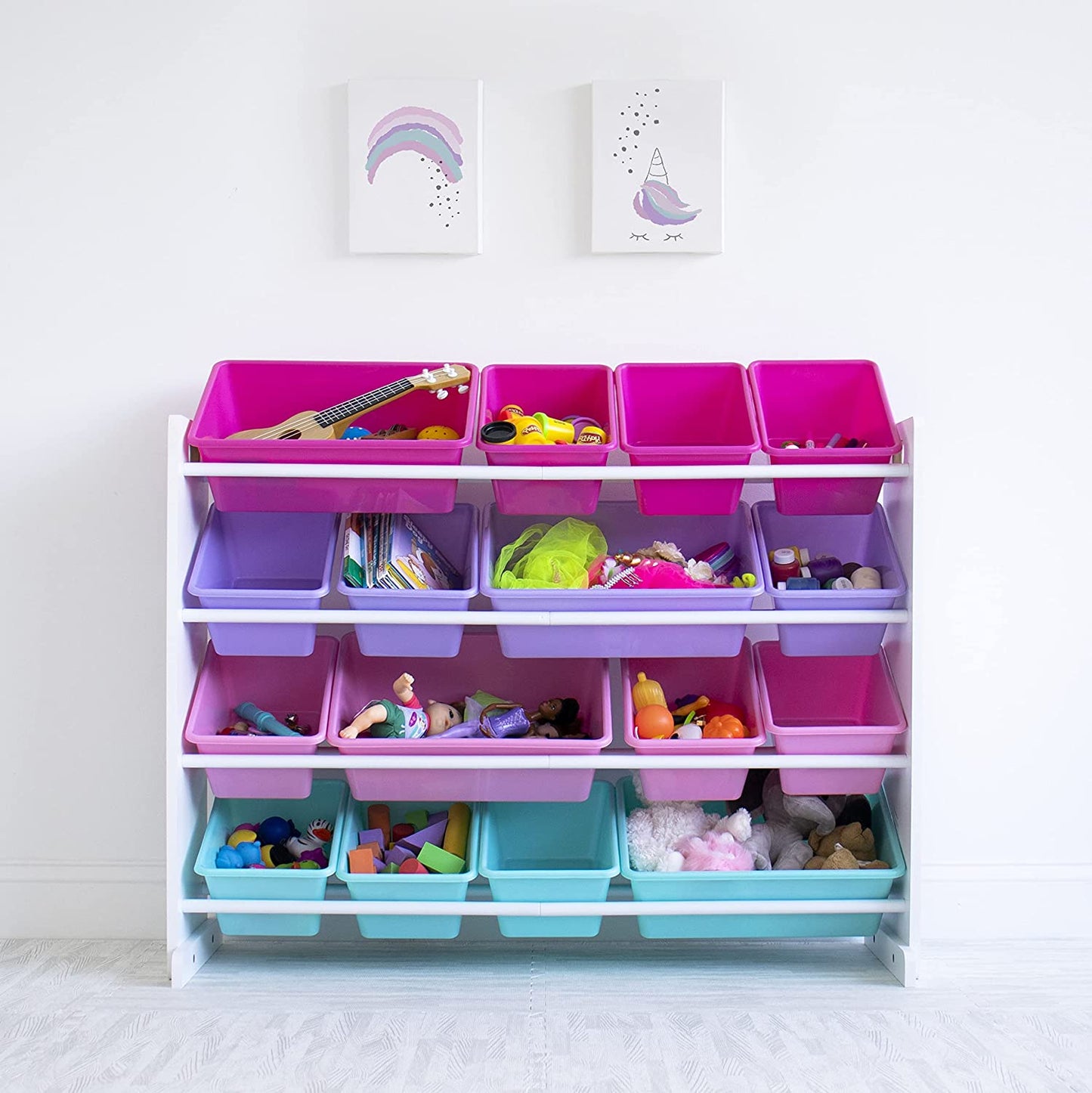 , White/Blue/Pink/Purple Extra-Large Toy Organizer, 16 Storage Bins