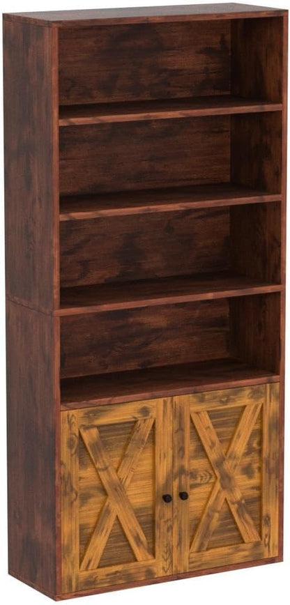 Industrial Bookshelves and Bookcases with Doors Floor Standing 6 Shelf Display Storage Shelves 70 in Tall Bookcase for Home Office, Living Room