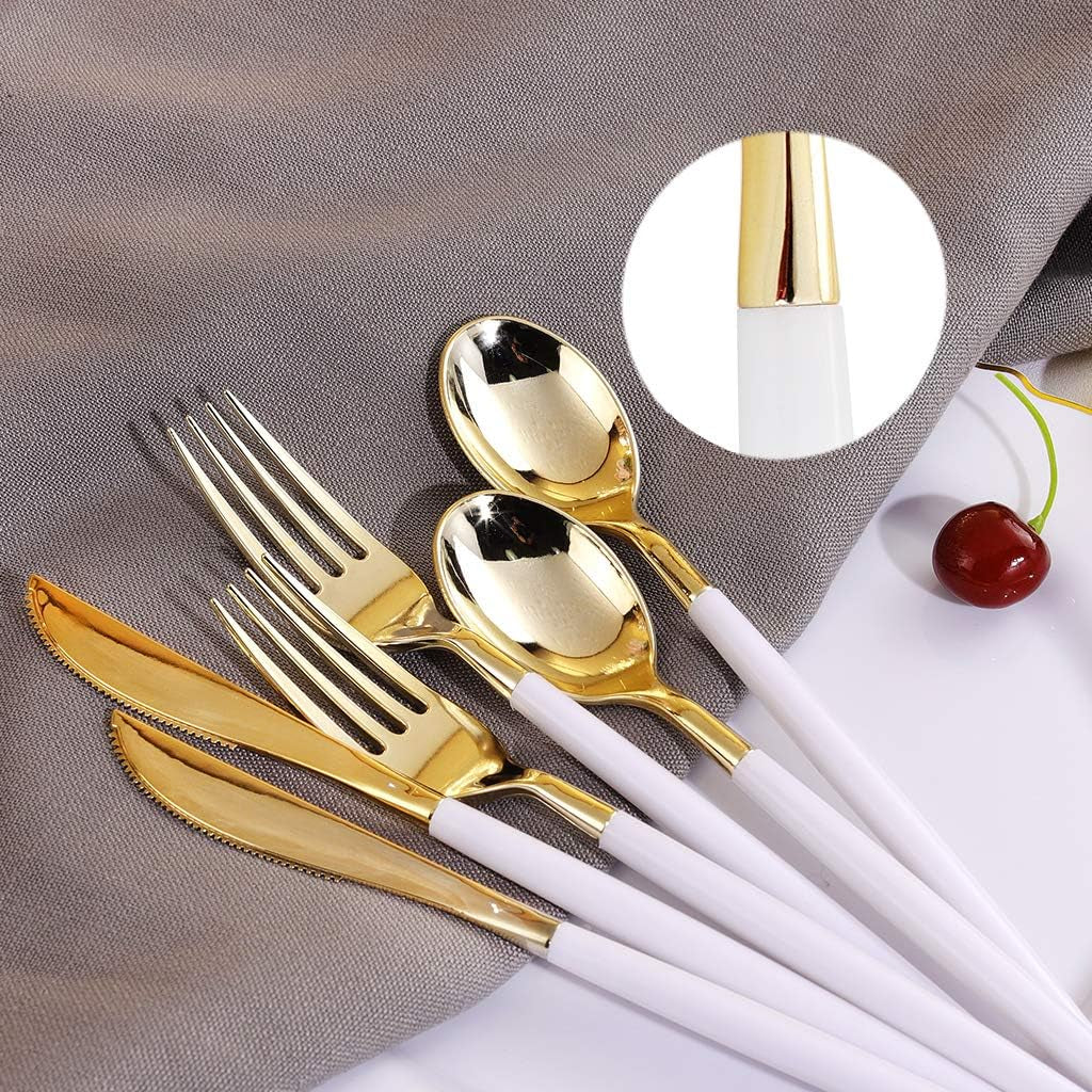 30Guest Gold Plastic Plates Disposable - Gold Plastic Silverware with White Handle Baroque Plates Disposable for Weddings, Parties, Mother'S Day